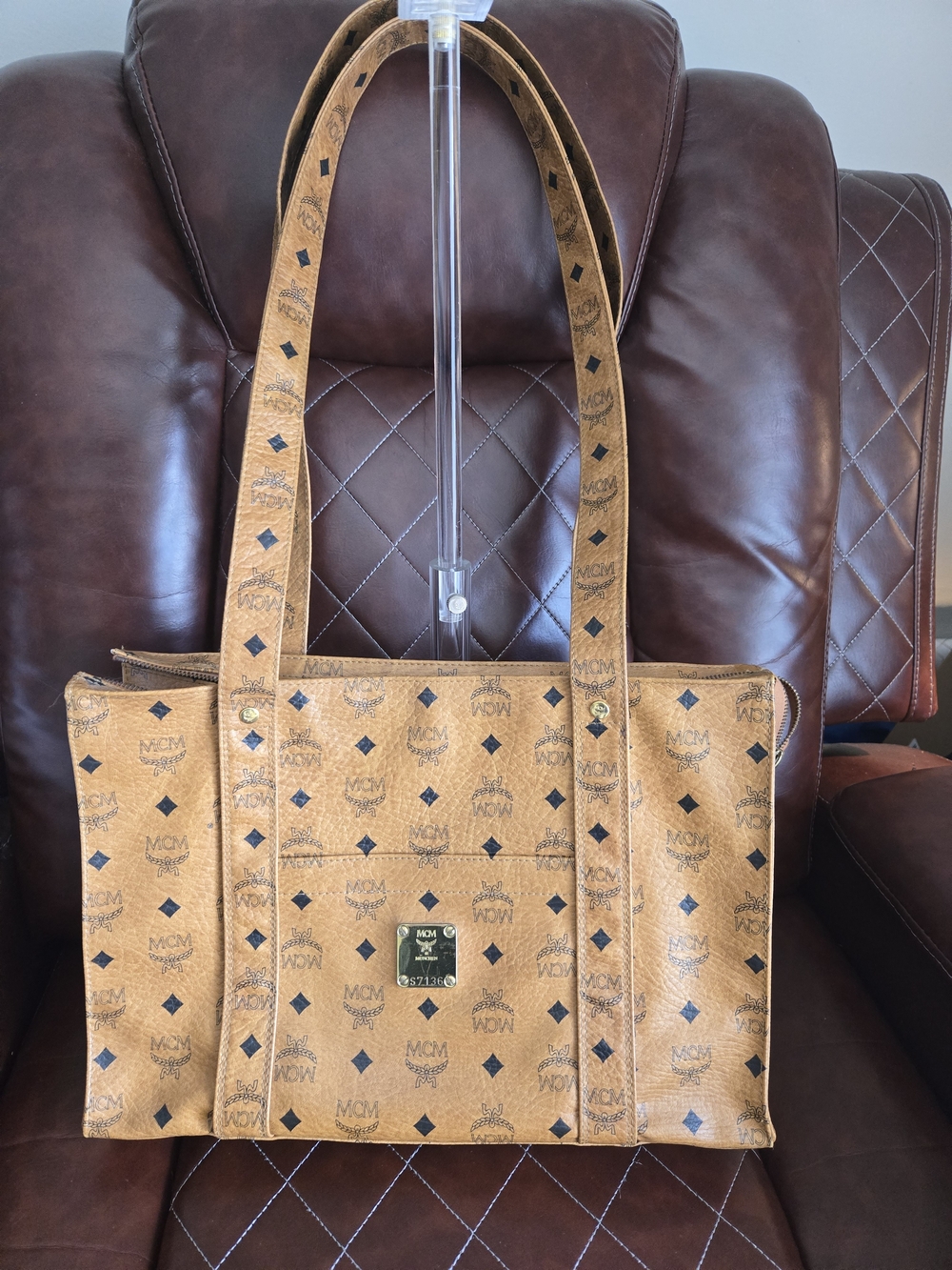 MCM Cognac Logo Visetos Tote with Black Accents